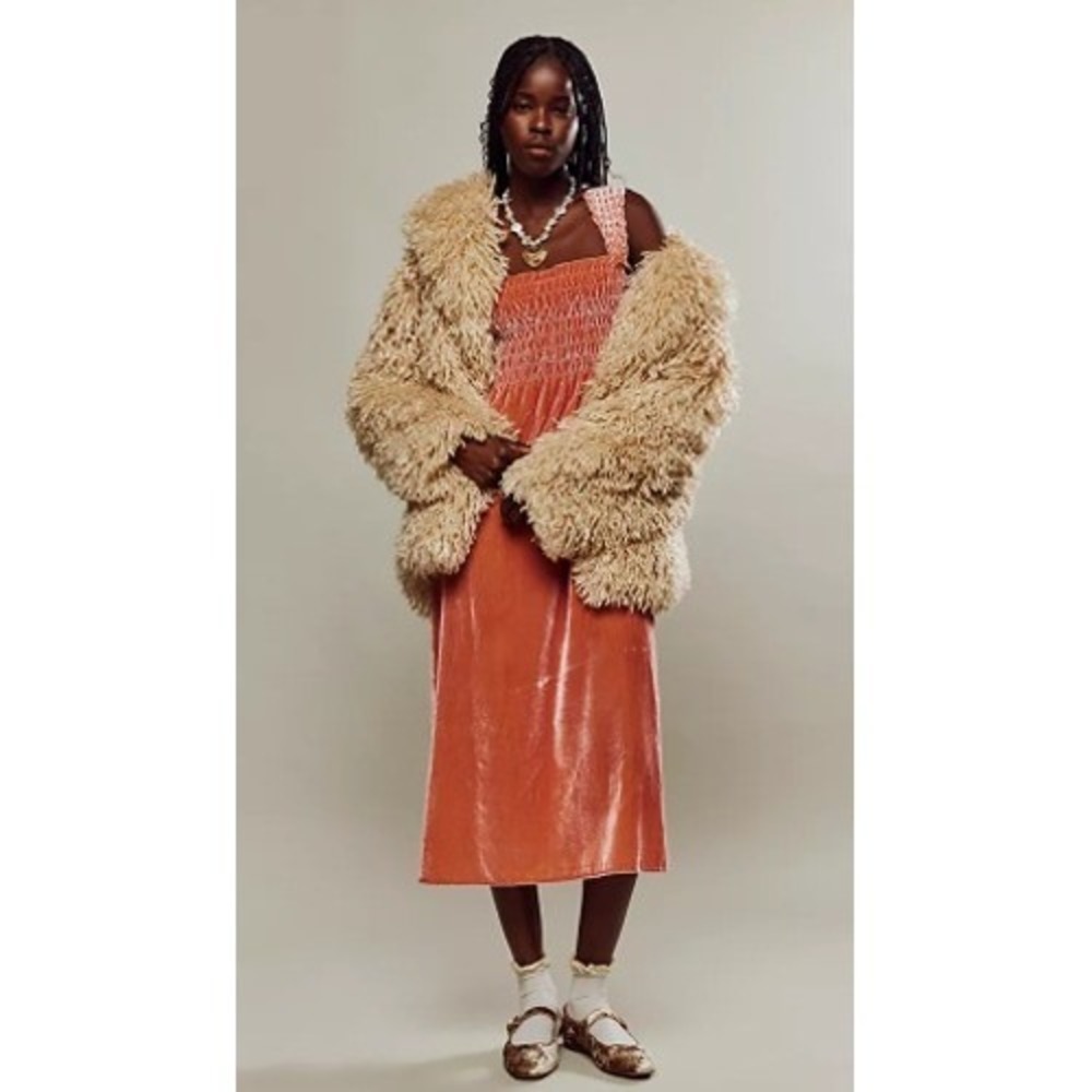 Free People Velvet Smocked Midi Dress Womens S Pink Terracotta Side Slit Boho